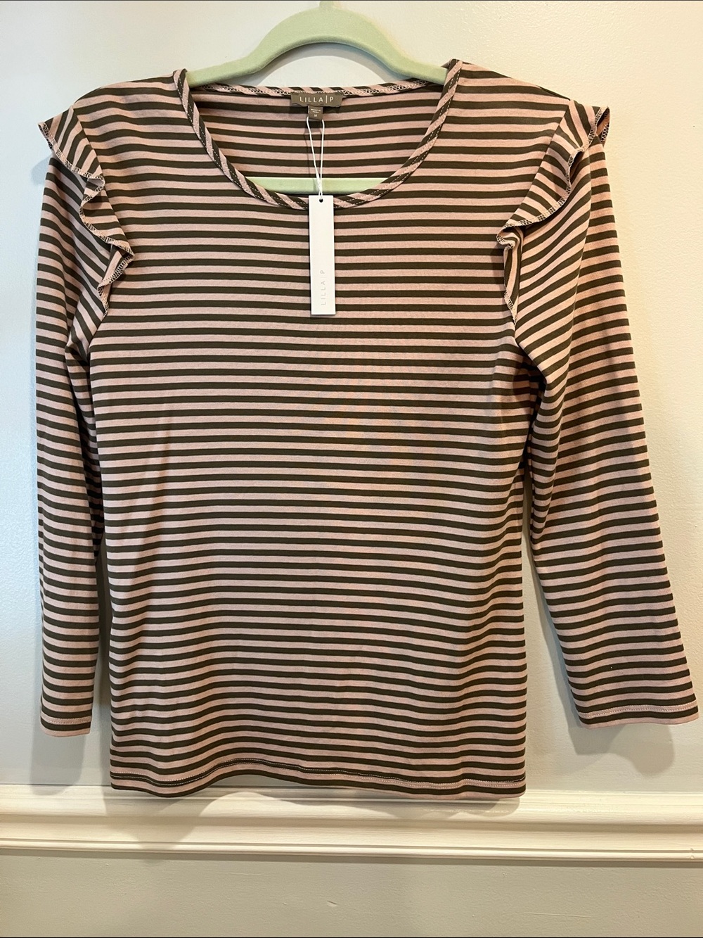 Lilla P Striped Ruffle-Shoulder Long Sleeve Top - Pink and Brown